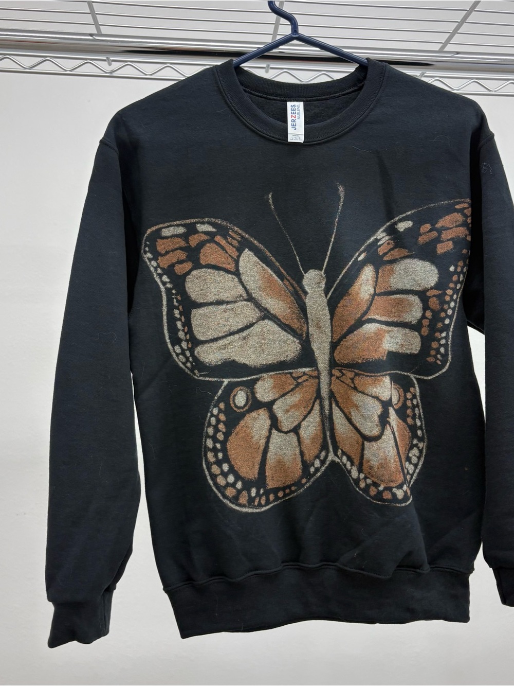 Jerzees Black Crewneck Sweatshirt with Metallic Tan Butterfly
